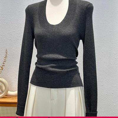 大码正肩U领长袖针织衫女秋冬内搭可外穿洋气胖mm打底衫套头上衣