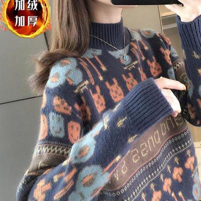 2025新款女士半高领毛衣女秋冬加绒加厚卡通时尚洋气针织打底衫潮