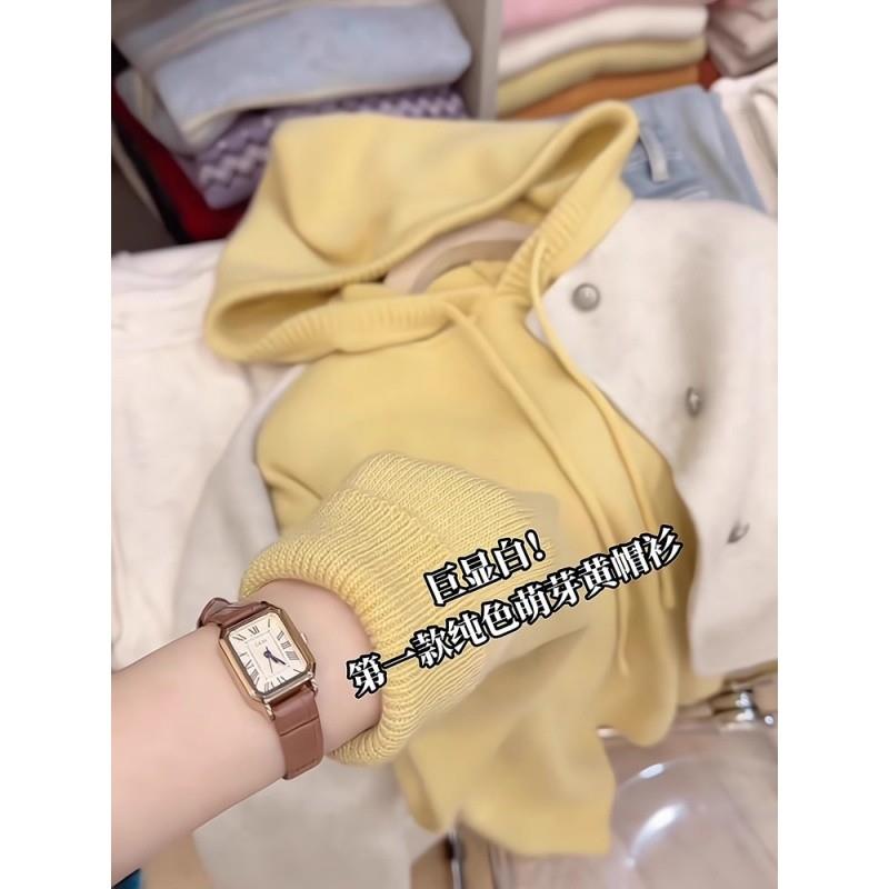 韩系慵懒高级感黄色抽绳连帽针织衫上衣女秋冬季软糯显白带帽毛衣