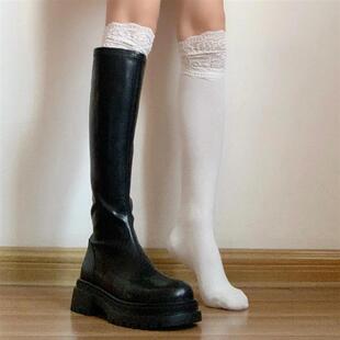 蕾丝小腿袜子女春秋季纯棉中筒袜配靴子的袜子靴袜秋冬过膝长筒袜