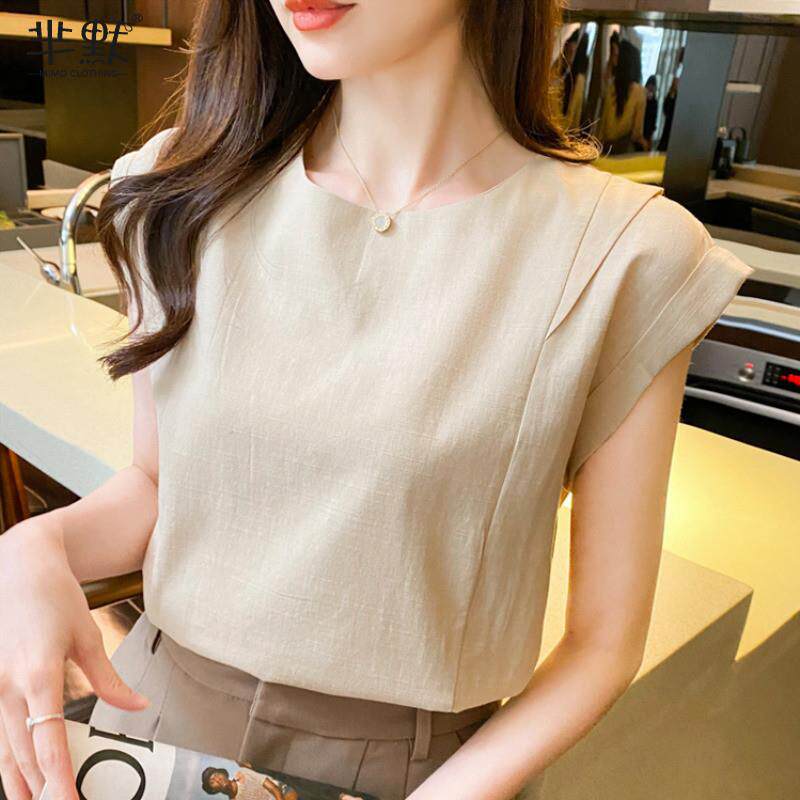 亚麻女装夏季薄款2024年新款小衫白色麻棉短袖t恤女上衣无袖坎肩