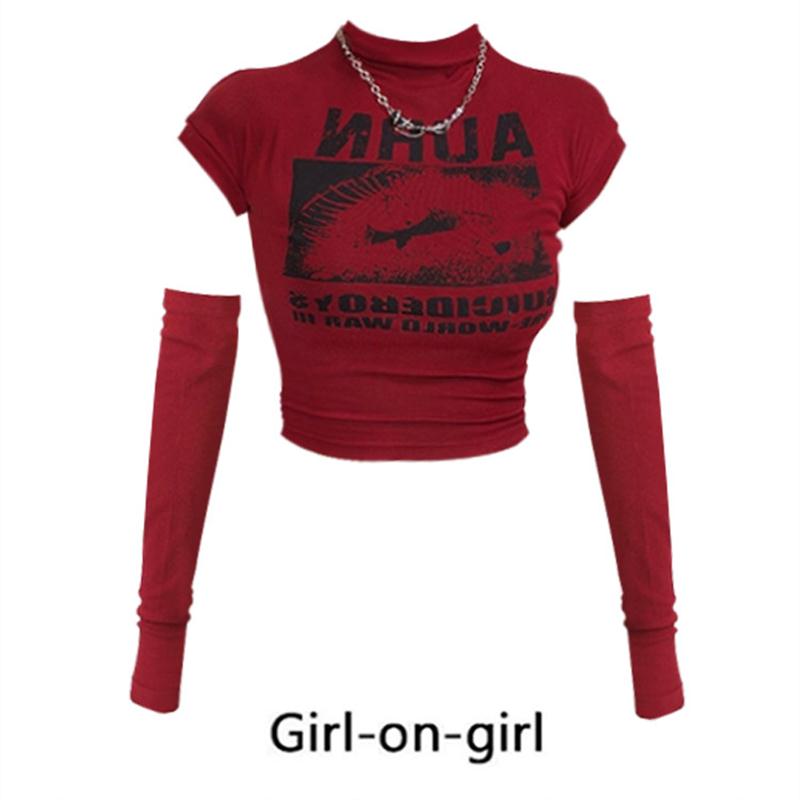 鬼马少女 美式复古堆堆半高领短袖T恤女辣妹带袖套短款上衣潮