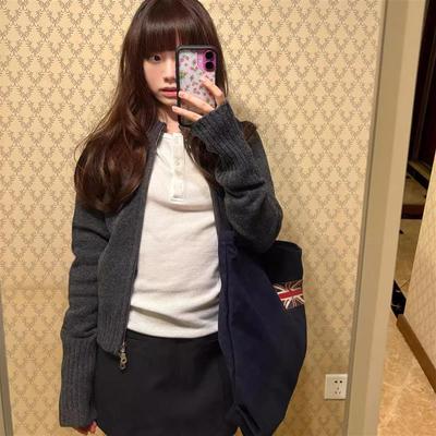 2025新款灰色毛衣开衫外套女春秋韩系拉链修身外搭气质针织衫上衣