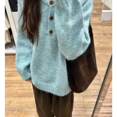 蓝色套头软糯毛衣女2025新款秋冬季加厚保暖宽松慵懒风针织衫上衣