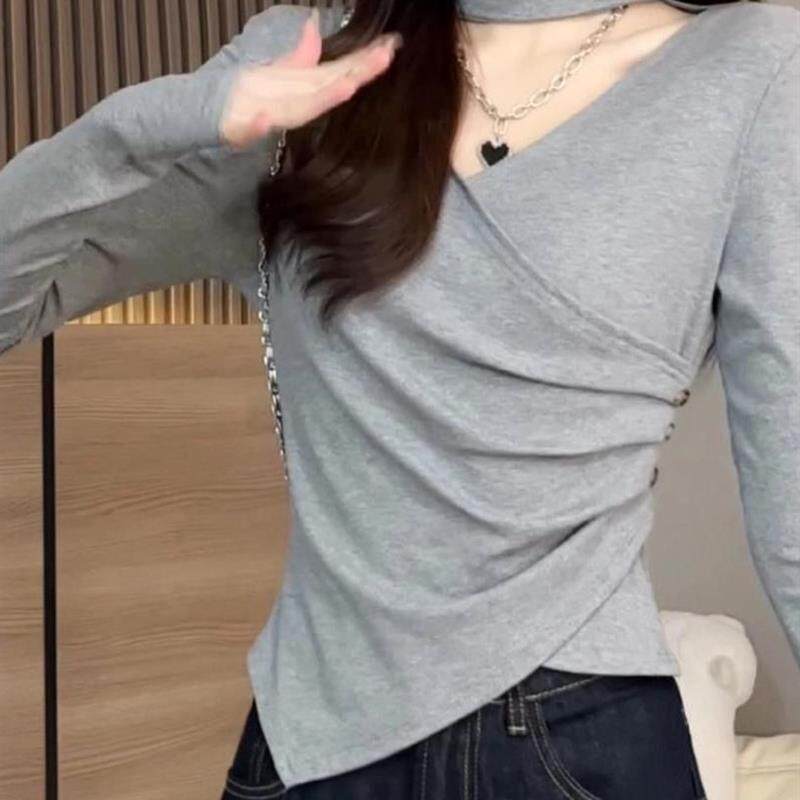 韩系不规则v领挂脖长袖t恤女秋冬季高级感正肩内搭高领打底衫上衣