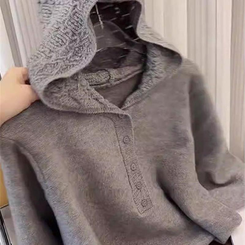 欧货时尚连帽设计感灰色长袖针织毛衣女2025春秋季新款气质上衣潮