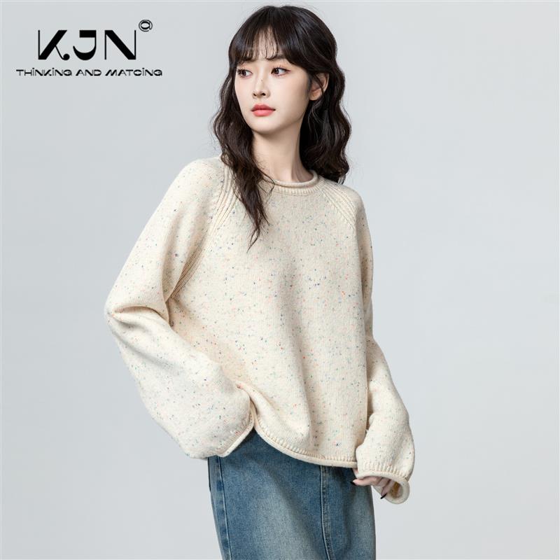 圆领毛衣女2024秋冬新款宽松慵懒风卷边加厚套头针织衫内搭短上衣