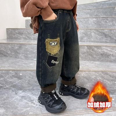 男童加绒牛仔裤秋冬儿童裤子2025新款男孩加厚一体绒裤宝宝休闲裤