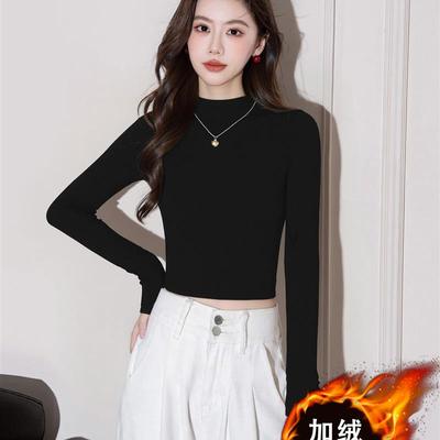 黑色加绒加厚打底衫女秋冬内搭2025年新款高腰露脐短款保暖上衣