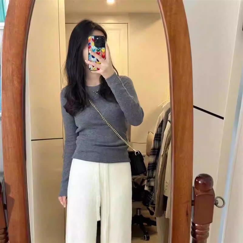 简约套头针织打底衫女基础款圆领内搭上衣春秋冬修身软糯灰色毛衣