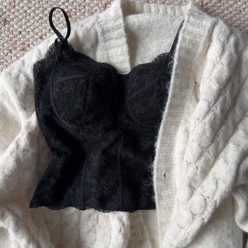 覆古性感蕾丝带胸垫V领背心吊带女秋季辣妹内搭鱼骨收腰打底上衣