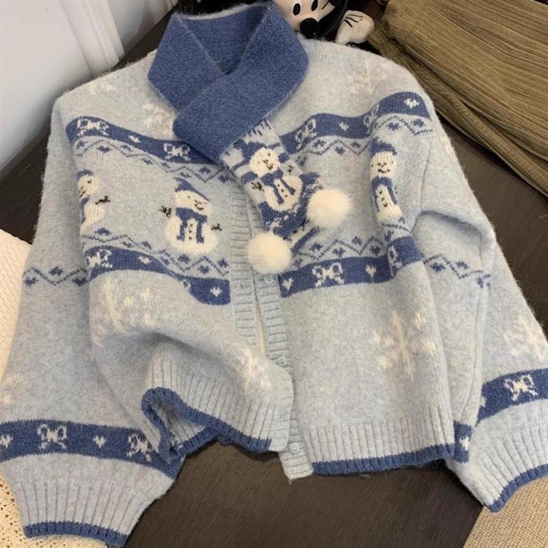 圣诞穿搭费尔岛毛衣开衫女秋冬马海毛针织衫外套小个子慵懒风上衣