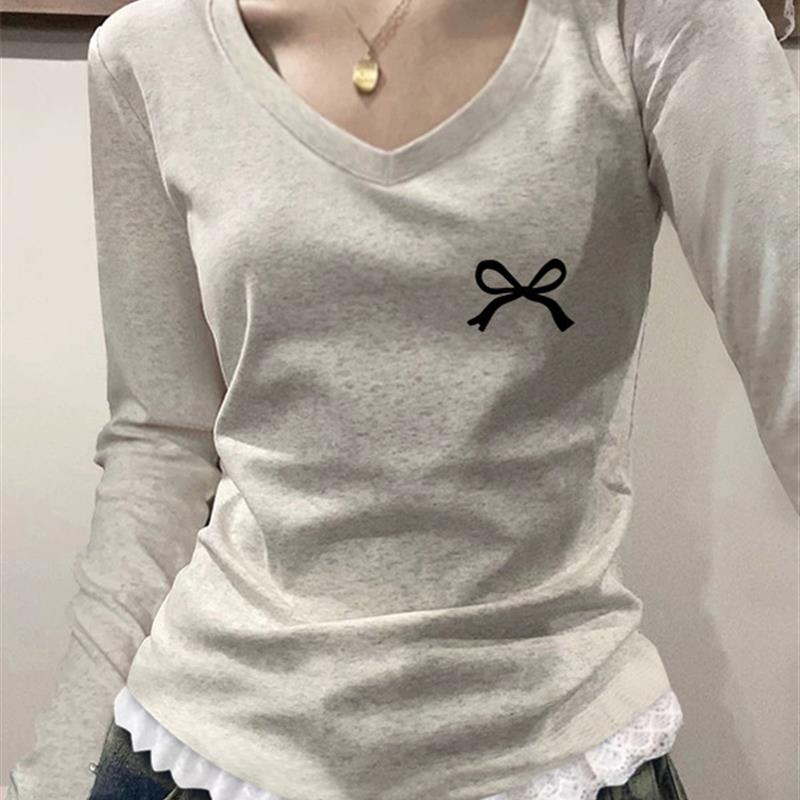 蕾丝花边正肩V领长袖T恤上衣女士早秋纯棉修身掐腰显瘦内搭打底衫