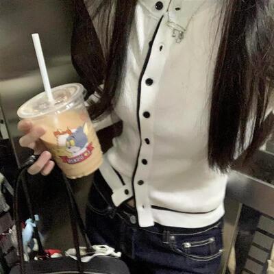 韩版撞色小香风长袖针织开衫女秋季修身显瘦软糯短款打底衫上衣潮