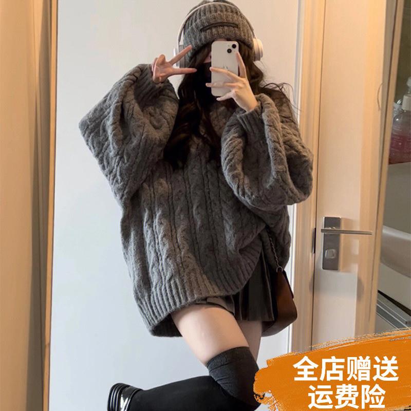 200斤胖MM慵懒风复古V领宽松灰色麻花毛衣女学生秋冬外穿百搭针织