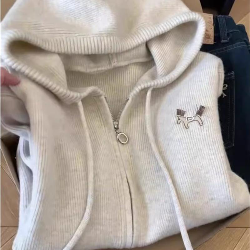 双拉炼连帽长袖针织开衫毛衣外套女秋冬韩版休闲慵懒风高级感上衣