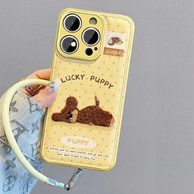 刺绣小狗适用iphone16promax手机壳苹果15华为mate60小米14pro挂绳Pura70复古nova12红米K60荣耀90reno11冬13