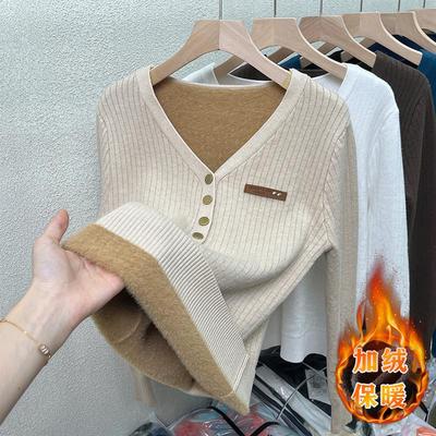 一体绒v领打底毛衣女秋冬季加绒加厚大码胖mm显瘦洋气内搭针织衫