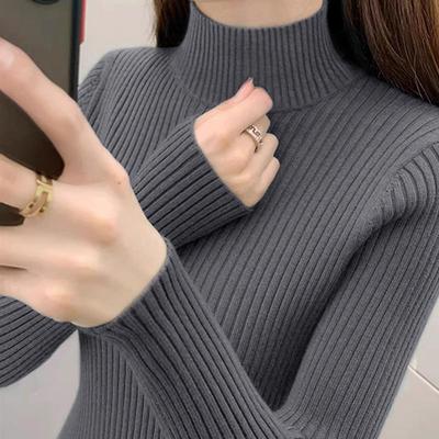 深灰色半高领毛衣修身内搭打底上衣加厚款长袖针织衫春季新款女装