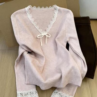 甜美感蕾丝花边V领蝴蝶结针织上衣女秋冬气质减龄软糯毛衣打底衫