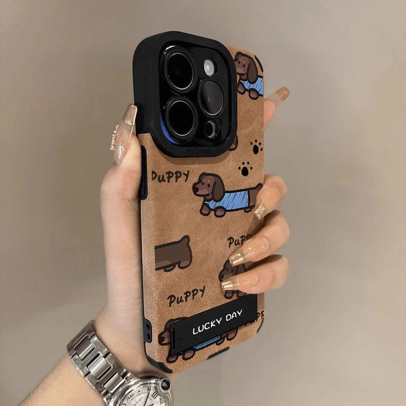 腊肠小狗适用iPhone苹果x手机壳xr新款xsmax带支架8plus/7软壳16promax全包15/13/12/11男女款高级感皮纹软套