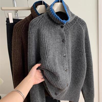 韩系慵懒风撞色高领针织开衫女秋冬新款宽松加厚拼色覆古毛衣外套