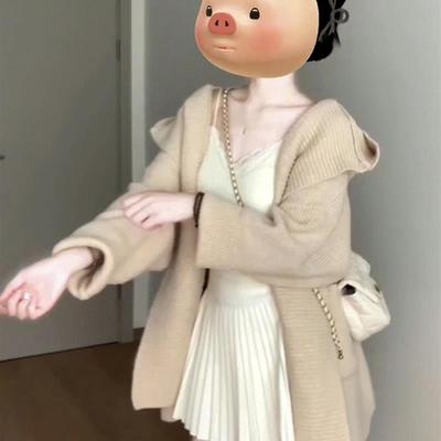 韩系慵懒风中长款毛衣外套女早秋韩系高级感连帽针织开衫上衣