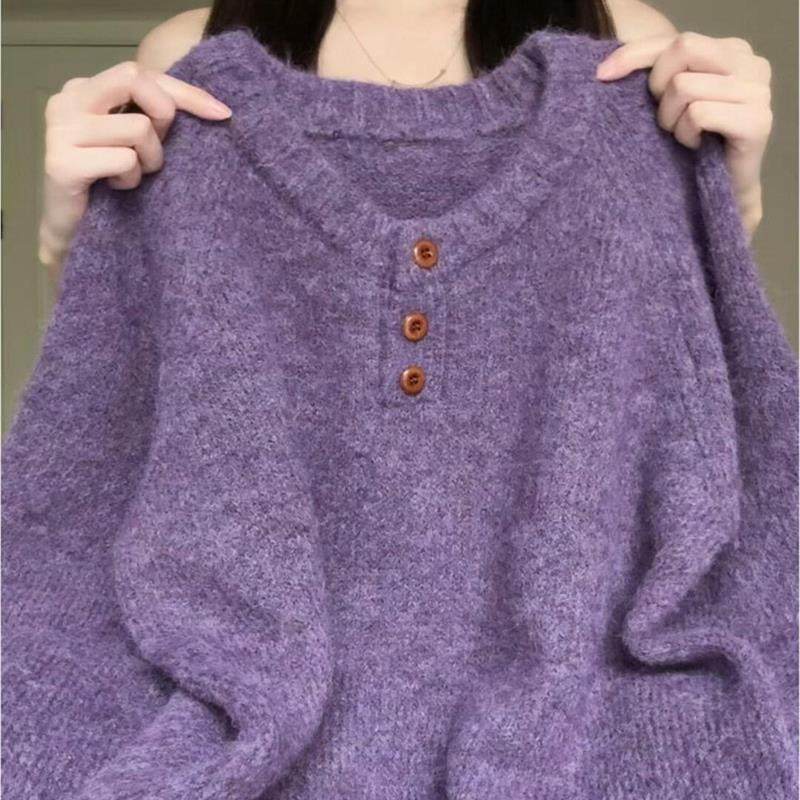 紫色套头软糯毛衣女秋冬内搭可外穿加厚保暖宽松慵懒风针织衫上衣