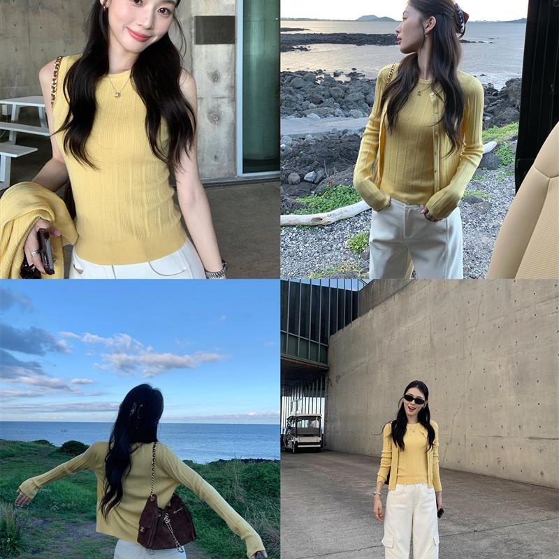 pusumede Daily主义 圆领针织开衫女修身无袖吊带背心上衣两件套