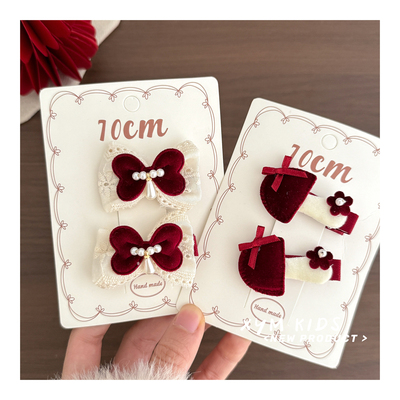 新年酒红色女童丝绒珍珠发饰