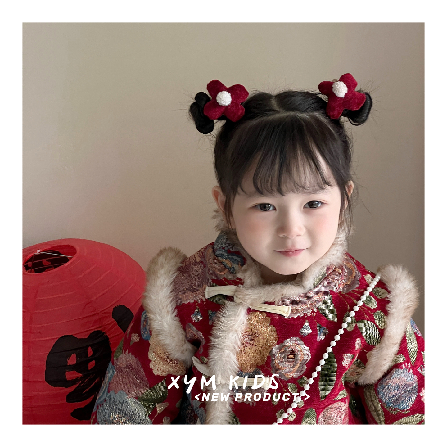 女童红色植绒花朵发饰