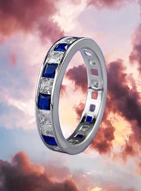 辉之翼珠宝新款s925银人造公主方切割仿蓝宝石锆石排指跨境款