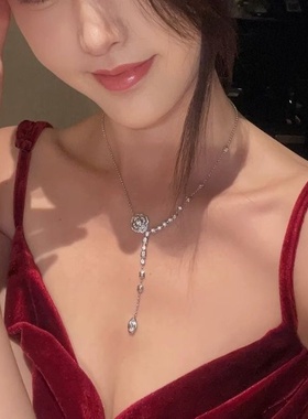 小香风微镶满钻山茶花y形流苏项链女ins轻奢小众锁骨链氛围感