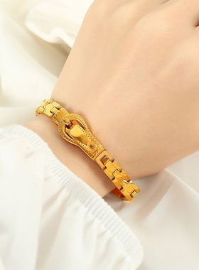 欧美跨境新款钛钢表带式手镯感男女时尚复古百搭不掉色手环饰