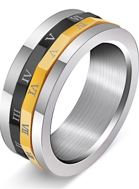 欧美钻石跨境时尚旋转罗马数字钛钢戒个性男士戒子食指wish指环