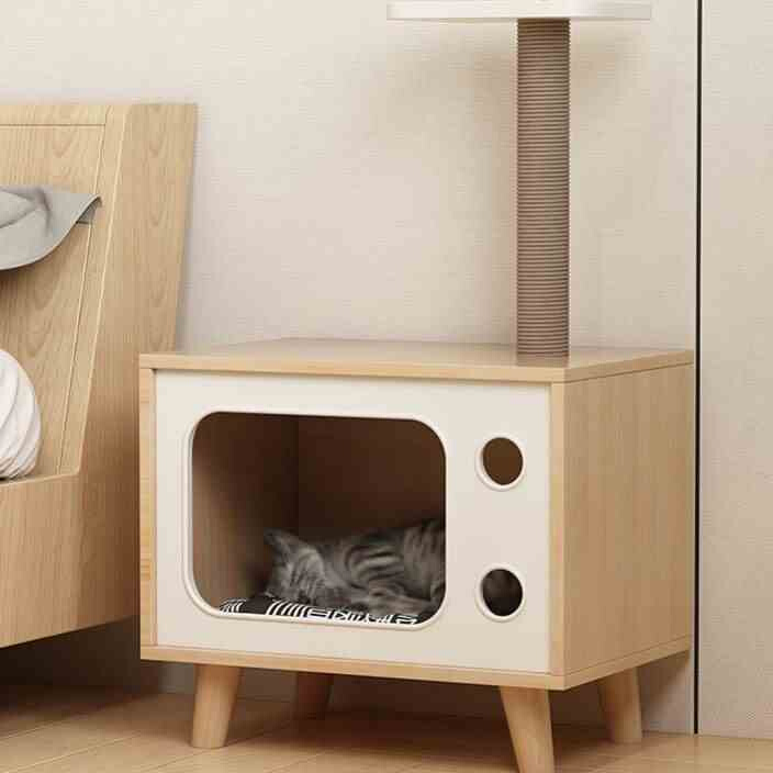人猫共用家具实木床头柜猫窝猫爬架一体多功能猫房子猫咪跳台W玩
