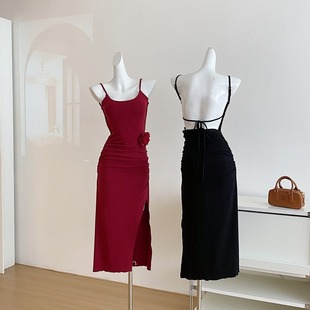 夏季时尚吊带露背连衣裙名媛气质开叉宴会礼服长裙现代爵士舞蹈服