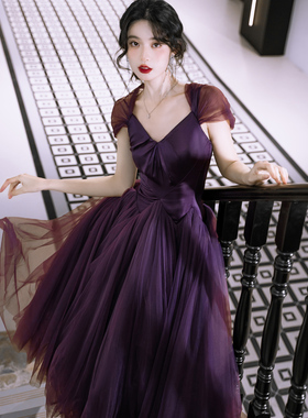 法式晚礼服裙紫伊芙伯爵Dita同款重工梦幻紫色轻婚纱蓬蓬裙表演服
