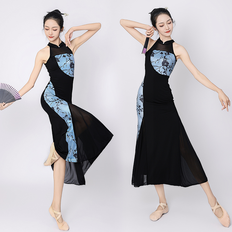 2025古典舞蹈服中国风身韵纱演出练功服扇子舞不规则拼接印花旗袍