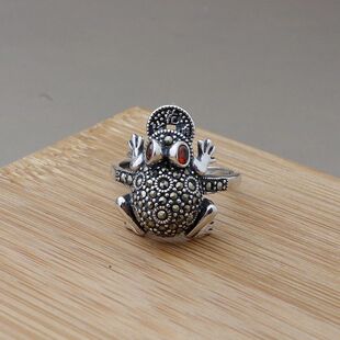 招财金蟾戒指女时尚蟾蜍耳钉 复古泰银转运开口戒银饰