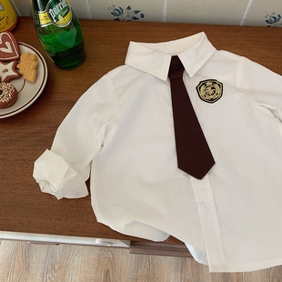 学院风儿童春装白衬衫毕业礼服领带帅气翻领男童装长袖衬衣演出服