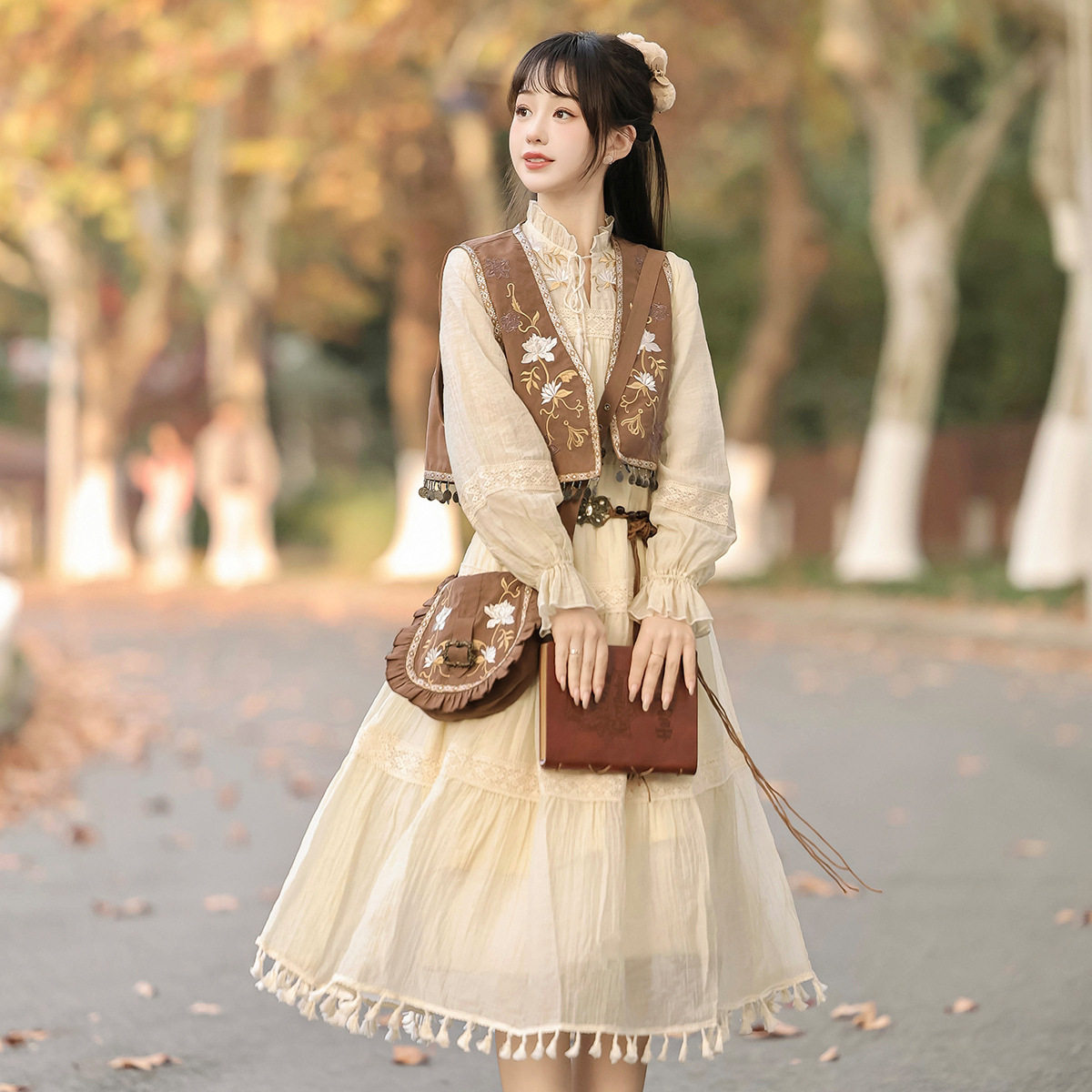 倚梦阁原创风吟沙漠汉服女中国风汉元素包包马甲连衣裙套装9412