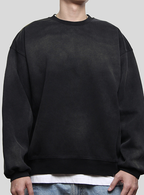 Commas 原创国潮喷马骝美式高街复古做旧基础圆领卫衣男套头上衣