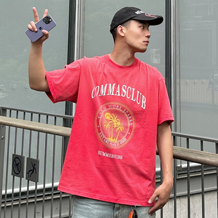 街头喷马骝水洗短袖 vintage做旧校园美式 T恤 原创国潮new Commas