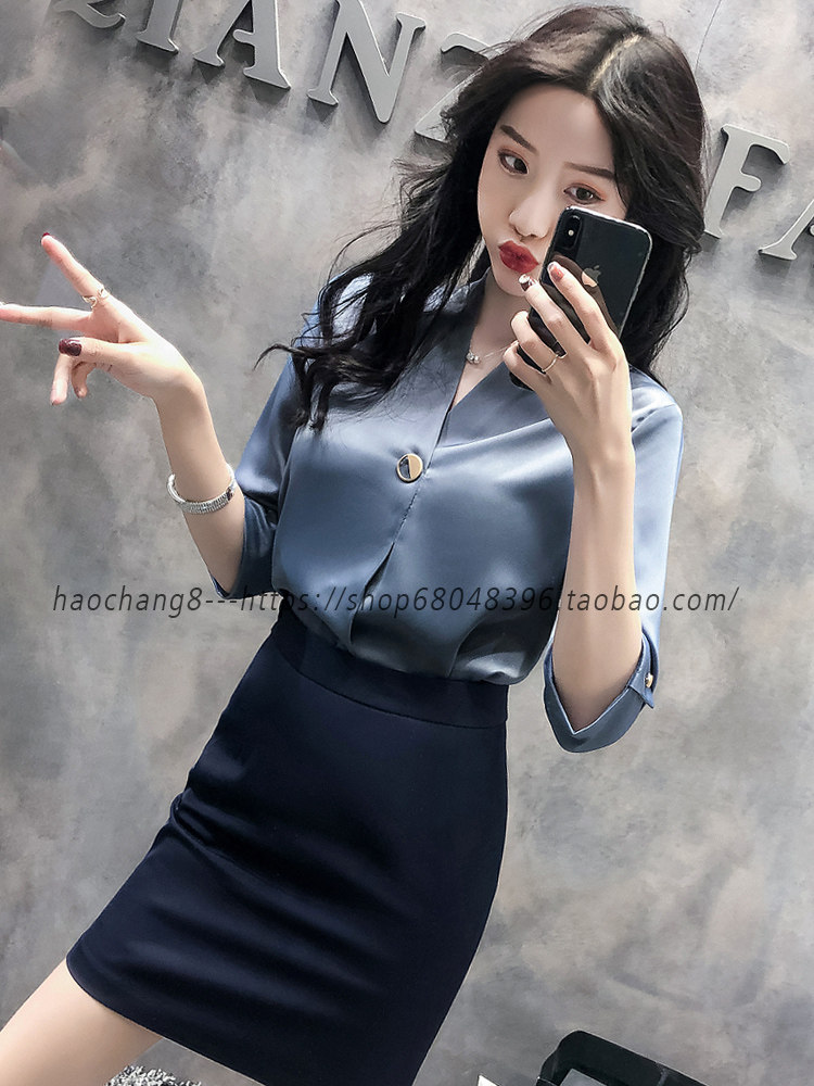 时尚V领衬衫女春夏装职业套装显瘦时尚工装套裙美容师接待工作服