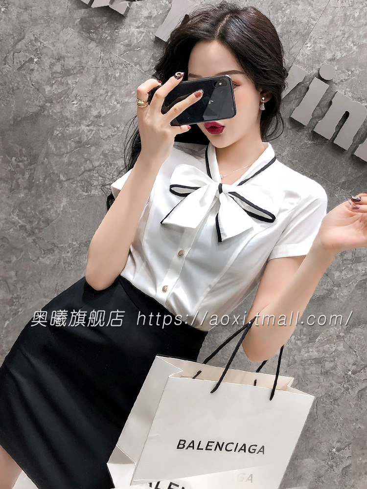 衬衫女设计感小众复古港味女士收腰短袖系带蝴蝶结职业衬衣白衬衫