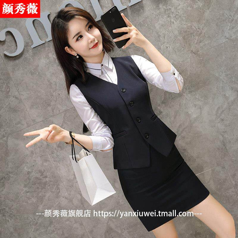 职业装女套装西装马甲春秋新款三件套工作服前台工装时尚马夹正装