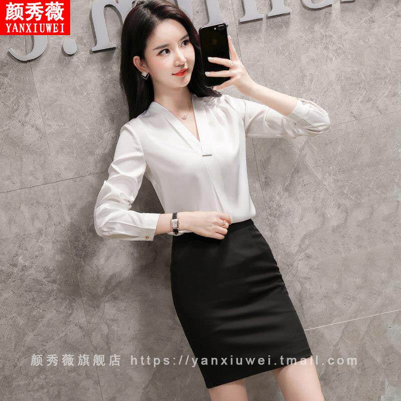 V领衬衫女设计感小众秋季上衣洋气时尚缎面气质套头雪纺衬衣套裙