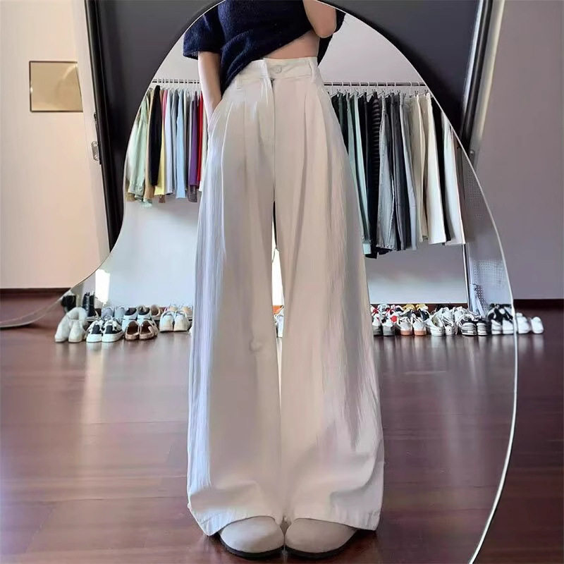 白色阔腿牛仔裤女春季新款高腰显瘦小个子褶皱宽松垂感直筒拖地裤