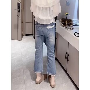 夏季新款高腰弹力牛仔裤女蕾丝拼接九分微喇裤薄款显瘦喇叭裤子
